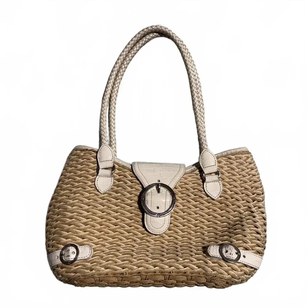 Brighton Vintage Style Woven‎ Straw Handbag with White Leather Accents